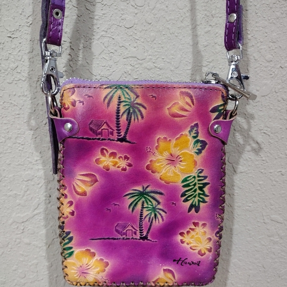 🌺🌴 Aloha From Hawaii Genuine Leather Handtooled Crossbody Bag - Picture 1 of 10